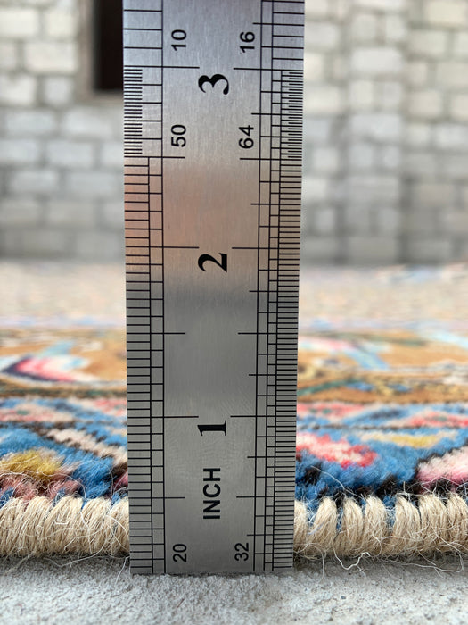 Handgemaakt Perzisch wollen vloerkleed 7x10 - Vintage Perzisch stijl kleed met medaillon in beige, blauw & bruin - Exacte afmetingen 9'8" x 6'5" - KBHM-756
