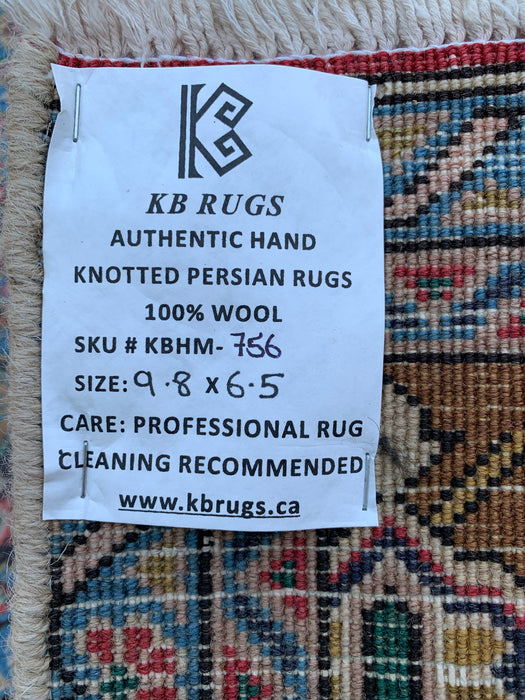 Handgemaakt Perzisch wollen vloerkleed 7x10 - Vintage Perzisch stijl kleed met medaillon in beige, blauw & bruin - Exacte afmetingen 9'8" x 6'5" - KBHM-756