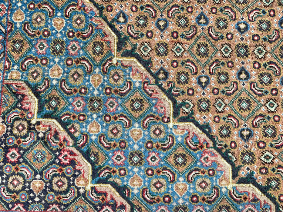 Handgemaakt Perzisch wollen vloerkleed 7x10 - Vintage Perzisch stijl kleed met medaillon in beige, blauw & bruin - Exacte afmetingen 9'8" x 6'5" - KBHM-756