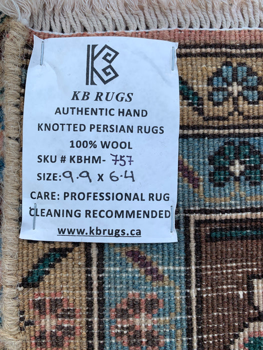 Handgeweven Perzisch wollen vloerkleed 7x10 - Vintage Perzisch kleed met medaillon in beige, blauw en bruin - Exacte afmetingen 9'9" x 6'4" - KBHM-757