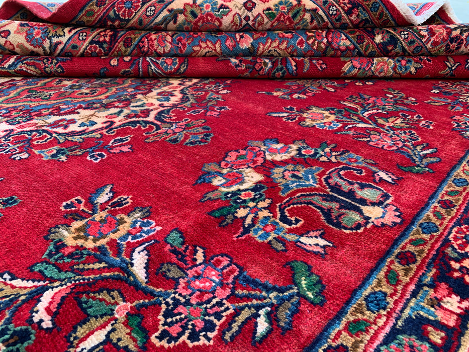 12'2" x 8'10" handgeknoopt Perzisch wollen tapijt – Rood, ivoor & marineblauw bloemrijk medaillonontwerp – KBHM-758