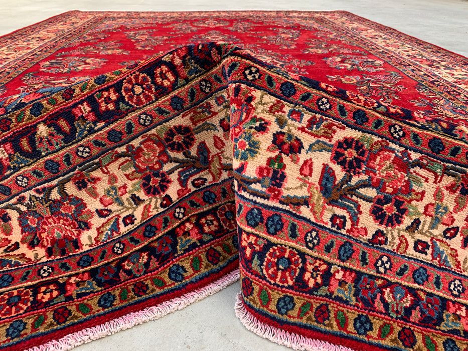 12'2" x 8'10" handgeknoopt Perzisch wollen tapijt – Rood, ivoor & marineblauw bloemrijk medaillonontwerp – KBHM-758