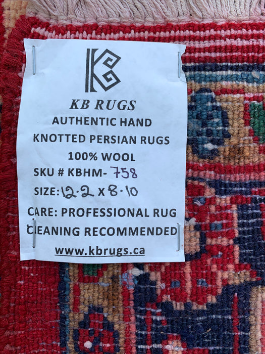 12'2" x 8'10" handgeknoopt Perzisch wollen tapijt – Rood, ivoor & marineblauw bloemrijk medaillonontwerp – KBHM-758