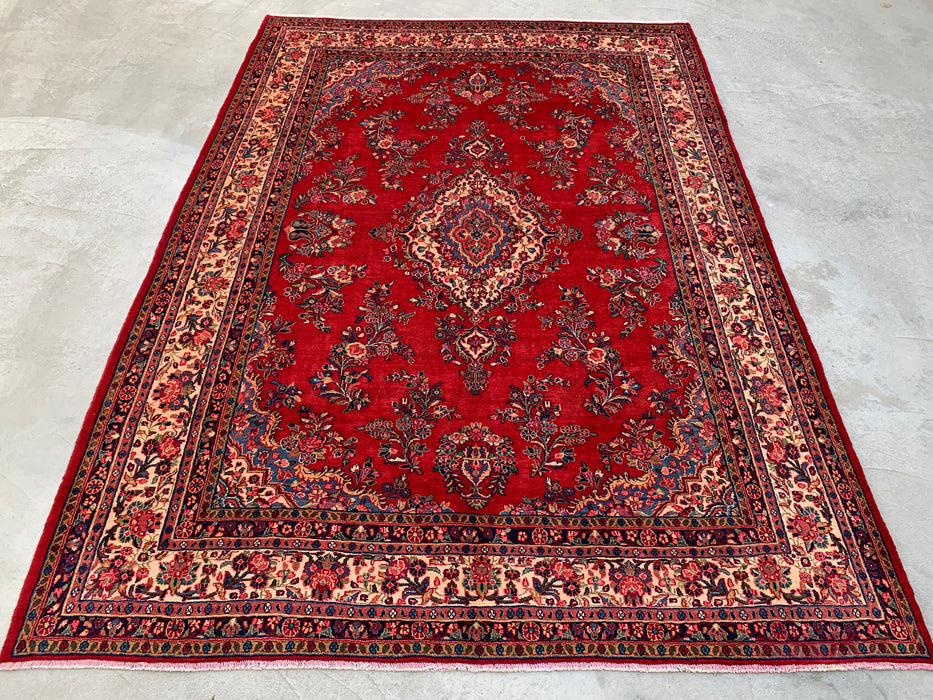 12'2" x 8'10" handgeknoopt Perzisch wollen tapijt – Rood, ivoor & marineblauw bloemrijk medaillonontwerp – KBHM-758