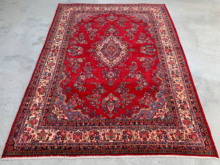 12'2" x 8'10" handgeknoopt Perzisch wollen tapijt – Rood, ivoor & marineblauw bloemrijk medaillonontwerp – KBHM-758
