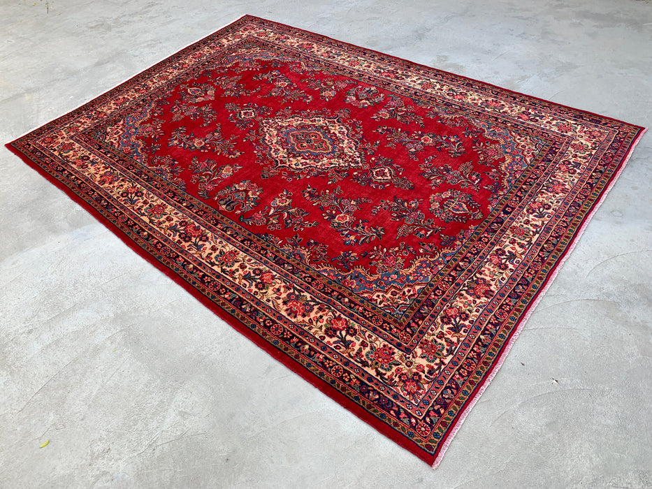 12'2" x 8'10" handgeknoopt Perzisch wollen tapijt – Rood, ivoor & marineblauw bloemrijk medaillonontwerp – KBHM-758