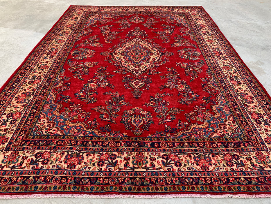 12'2" x 8'10" handgeknoopt Perzisch wollen tapijt – Rood, ivoor & marineblauw bloemrijk medaillonontwerp – KBHM-758