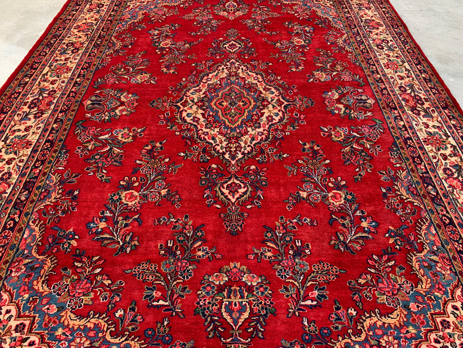 12'2" x 8'10" handgeknoopt Perzisch wollen tapijt – Rood, ivoor & marineblauw bloemrijk medaillonontwerp – KBHM-758