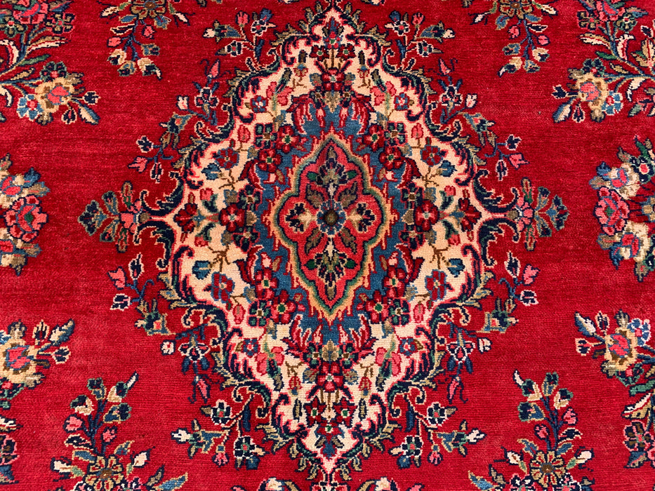 12'2" x 8'10" handgeknoopt Perzisch wollen tapijt – Rood, ivoor & marineblauw bloemrijk medaillonontwerp – KBHM-758
