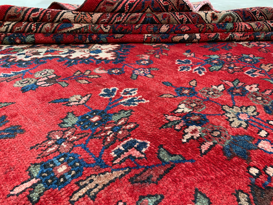 11'5" x 8'9" handgeknoopt Perzisch wollen tapijt – Rood, ivoor & blauw bloemmotief met medaillon – KBHM-759