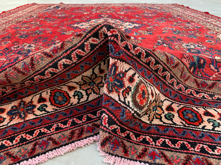 11'5" x 8'9" handgeknoopt Perzisch wollen tapijt – Rood, ivoor & blauw bloemmotief met medaillon – KBHM-759