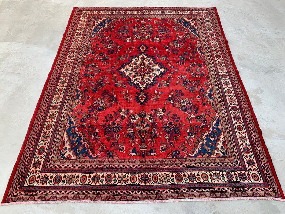 11'5" x 8'9" handgeknoopt Perzisch wollen tapijt – Rood, ivoor & blauw bloemmotief met medaillon – KBHM-759