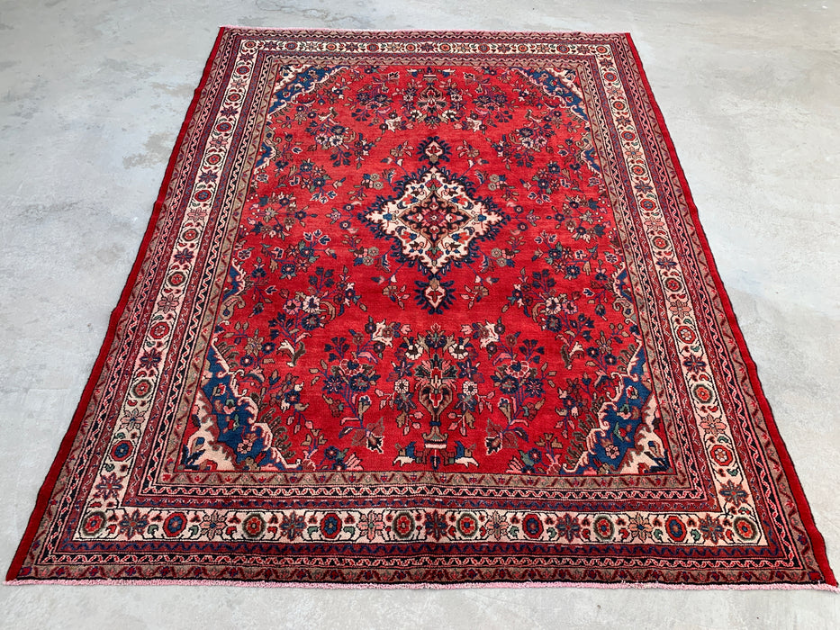 11'5" x 8'9" handgeknoopt Perzisch wollen tapijt – Rood, ivoor & blauw bloemmotief met medaillon – KBHM-759