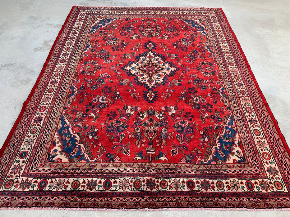 11'5" x 8'9" handgeknoopt Perzisch wollen tapijt – Rood, ivoor & blauw bloemmotief met medaillon – KBHM-759