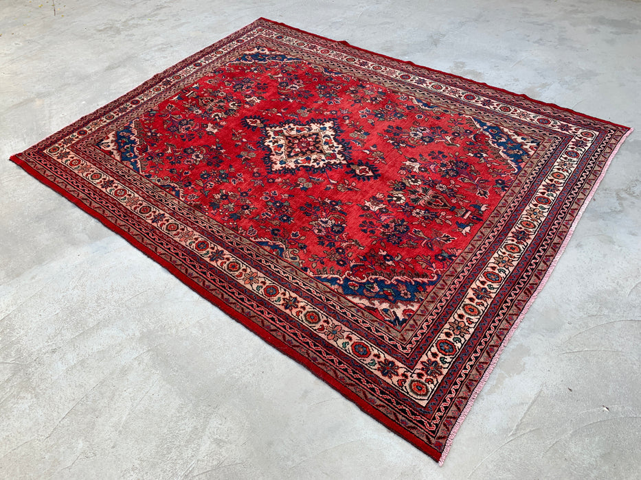 11'5" x 8'9" handgeknoopt Perzisch wollen tapijt – Rood, ivoor & blauw bloemmotief met medaillon – KBHM-759
