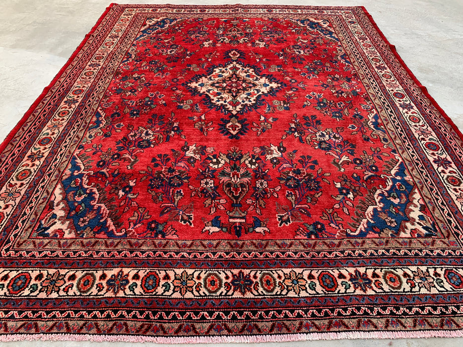 11'5" x 8'9" handgeknoopt Perzisch wollen tapijt – Rood, ivoor & blauw bloemmotief met medaillon – KBHM-759