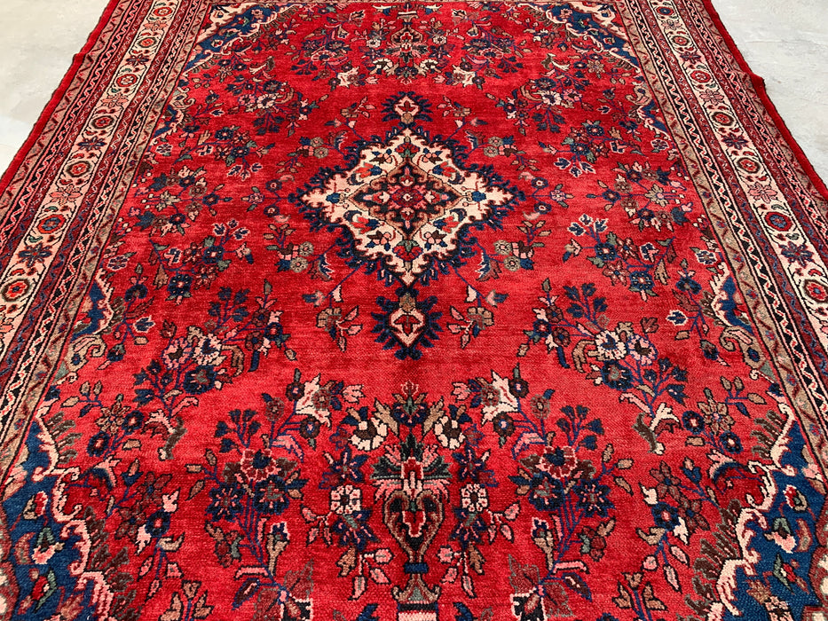 11'5" x 8'9" handgeknoopt Perzisch wollen tapijt – Rood, ivoor & blauw bloemmotief met medaillon – KBHM-759
