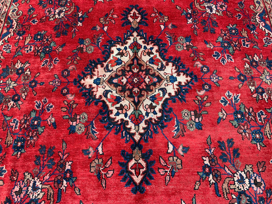11'5" x 8'9" handgeknoopt Perzisch wollen tapijt – Rood, ivoor & blauw bloemmotief met medaillon – KBHM-759