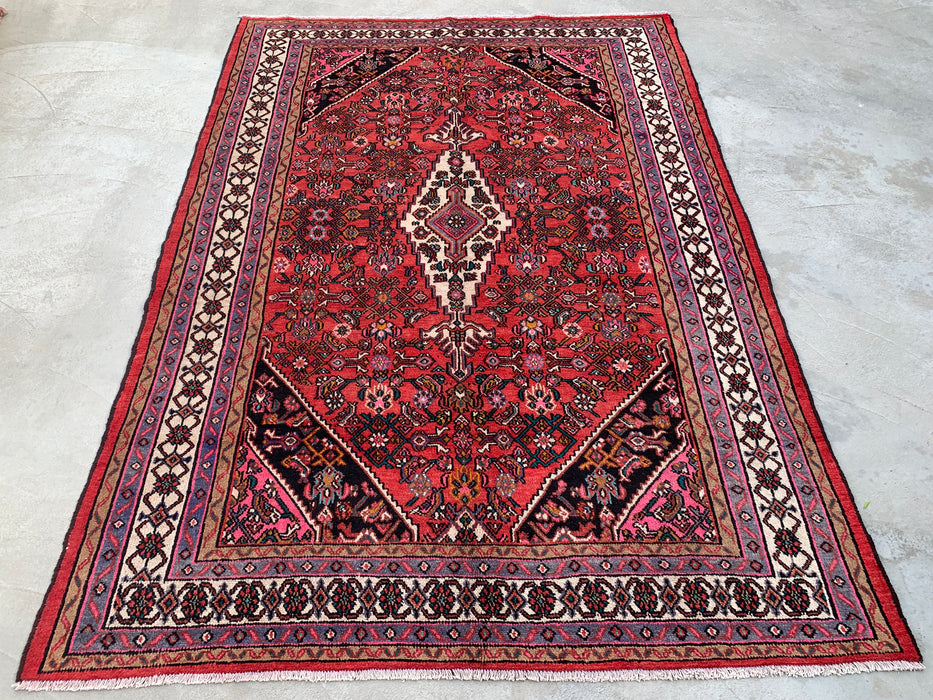 10'1" x 7'2" Handgeknoopt Perzisch wollen tapijt – Rood, ivoor & marineblauw geometrisch medaillonontwerp – KBHM-760