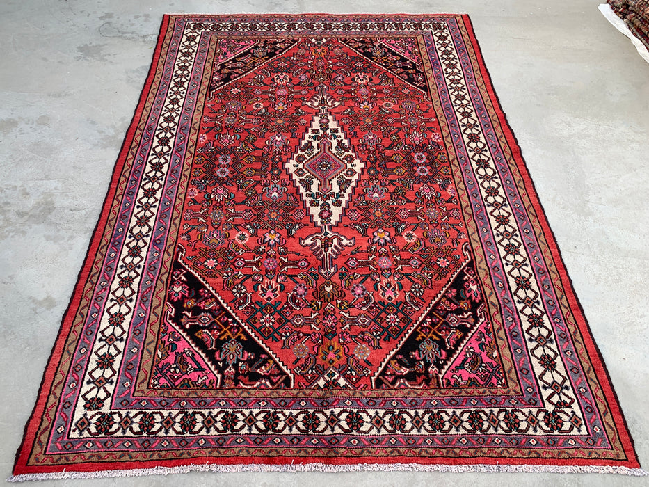 10'1" x 7'2" Handgeknoopt Perzisch wollen tapijt – Rood, ivoor & marineblauw geometrisch medaillonontwerp – KBHM-760