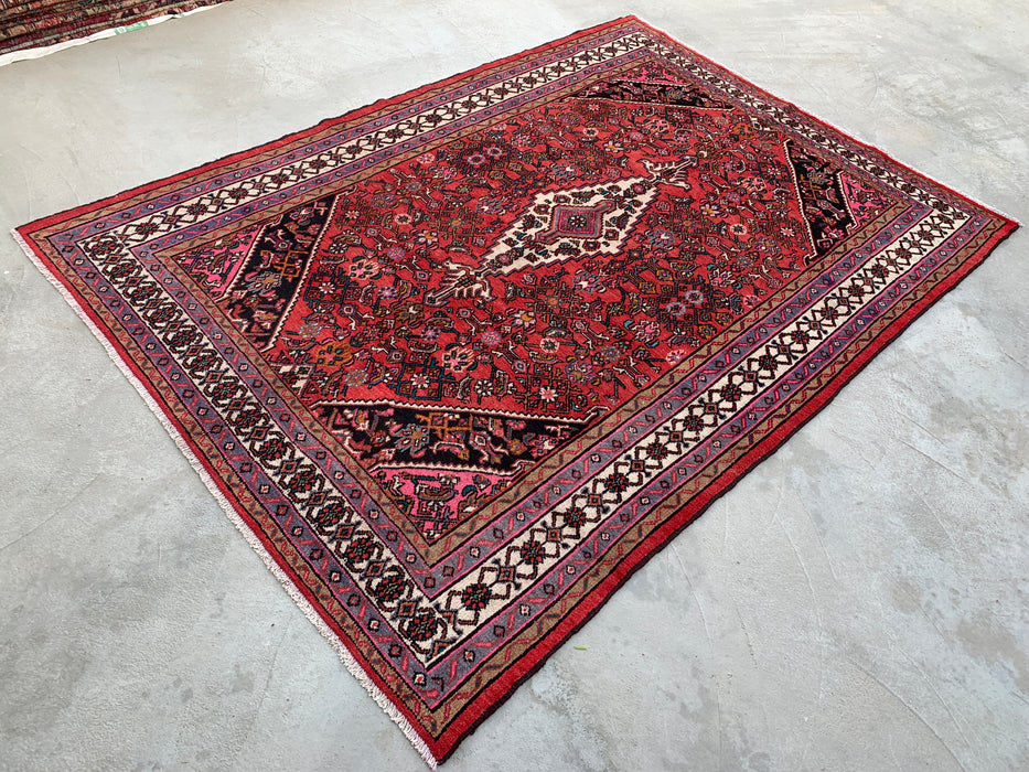 10'1" x 7'2" Handgeknoopt Perzisch wollen tapijt – Rood, ivoor & marineblauw geometrisch medaillonontwerp – KBHM-760