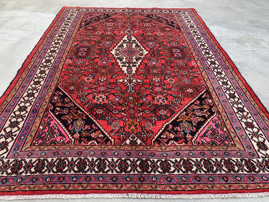 10'1" x 7'2" Handgeknoopt Perzisch wollen tapijt – Rood, ivoor & marineblauw geometrisch medaillonontwerp – KBHM-760