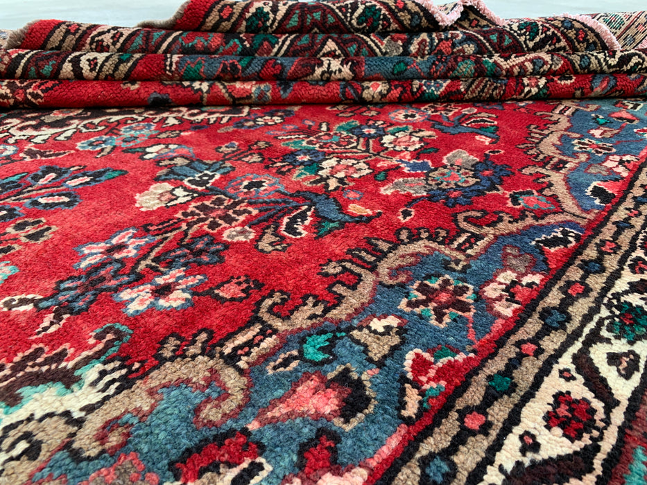 11'5" x 8'6" handgeknoopt Perzisch wollen tapijt – Rood, ivoor & blauw bloemenmedaillonontwerp – KBHM-761