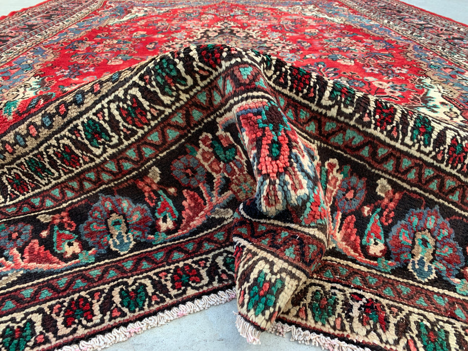 11'5" x 8'6" handgeknoopt Perzisch wollen tapijt – Rood, ivoor & blauw bloemenmedaillonontwerp – KBHM-761