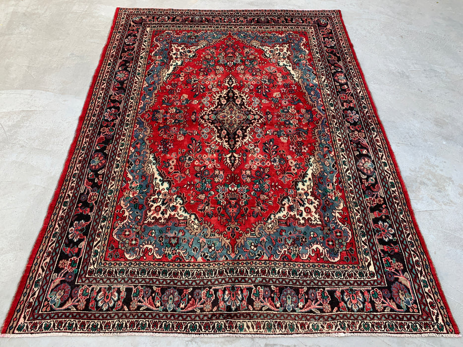 11'5" x 8'6" handgeknoopt Perzisch wollen tapijt – Rood, ivoor & blauw bloemenmedaillonontwerp – KBHM-761