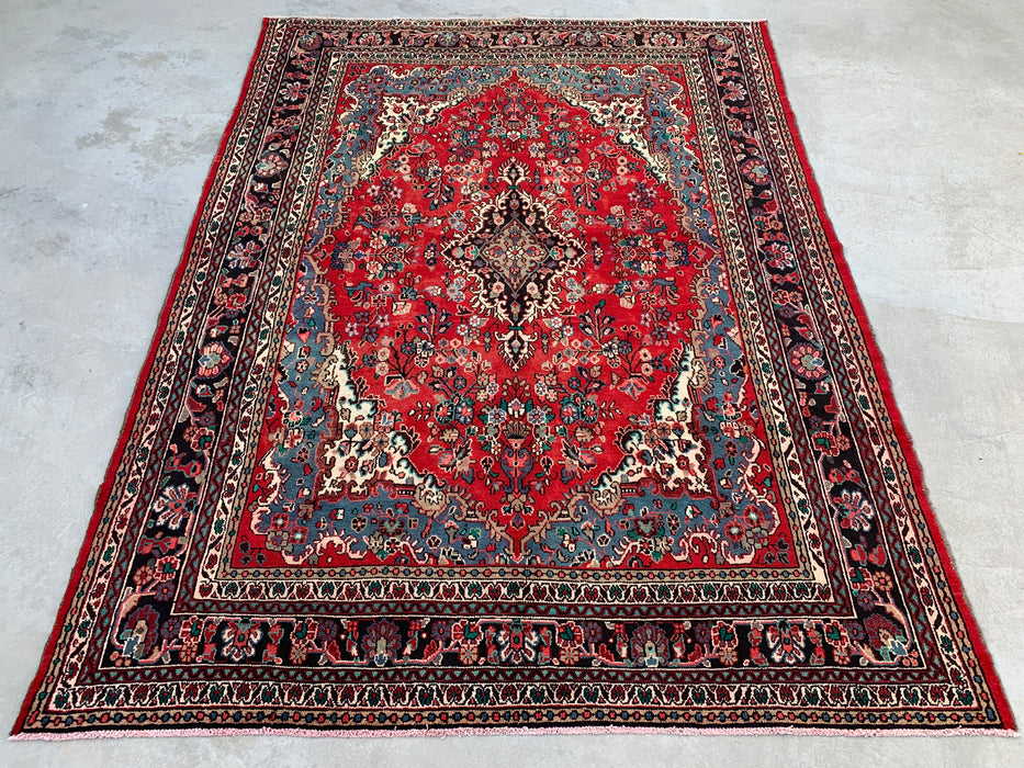 11'5" x 8'6" handgeknoopt Perzisch wollen tapijt – Rood, ivoor & blauw bloemenmedaillonontwerp – KBHM-761