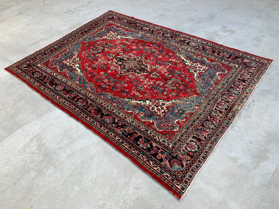 11'5" x 8'6" handgeknoopt Perzisch wollen tapijt – Rood, ivoor & blauw bloemenmedaillonontwerp – KBHM-761