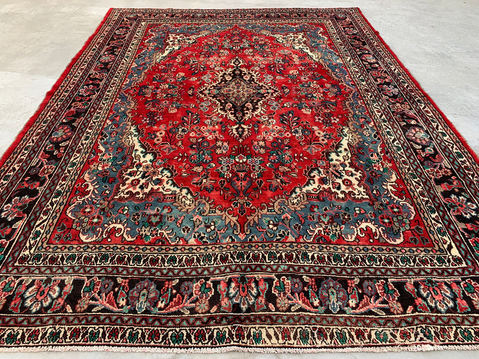 11'5" x 8'6" handgeknoopt Perzisch wollen tapijt – Rood, ivoor & blauw bloemenmedaillonontwerp – KBHM-761