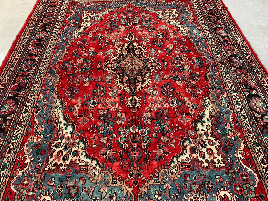 11'5" x 8'6" handgeknoopt Perzisch wollen tapijt – Rood, ivoor & blauw bloemenmedaillonontwerp – KBHM-761