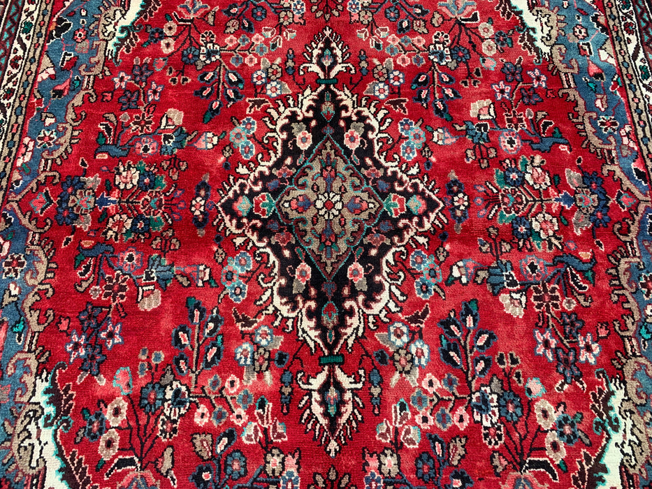 11'5" x 8'6" handgeknoopt Perzisch wollen tapijt – Rood, ivoor & blauw bloemenmedaillonontwerp – KBHM-761