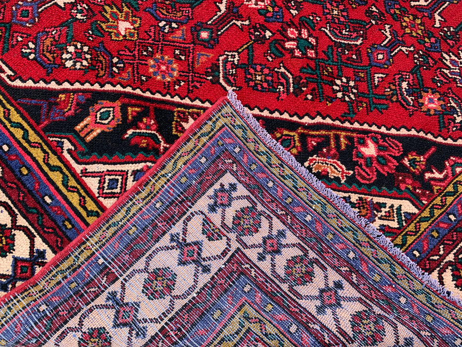 11'6" x 8'5" handgeknoopt Perzisch wollen vloerkleed – Rood, ivoor & marineblauw tribaal medaillonontwerp – KBHM-762