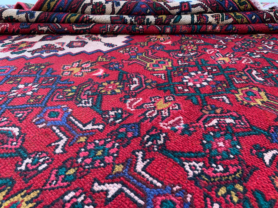 11'6" x 8'5" handgeknoopt Perzisch wollen vloerkleed – Rood, ivoor & marineblauw tribaal medaillonontwerp – KBHM-762