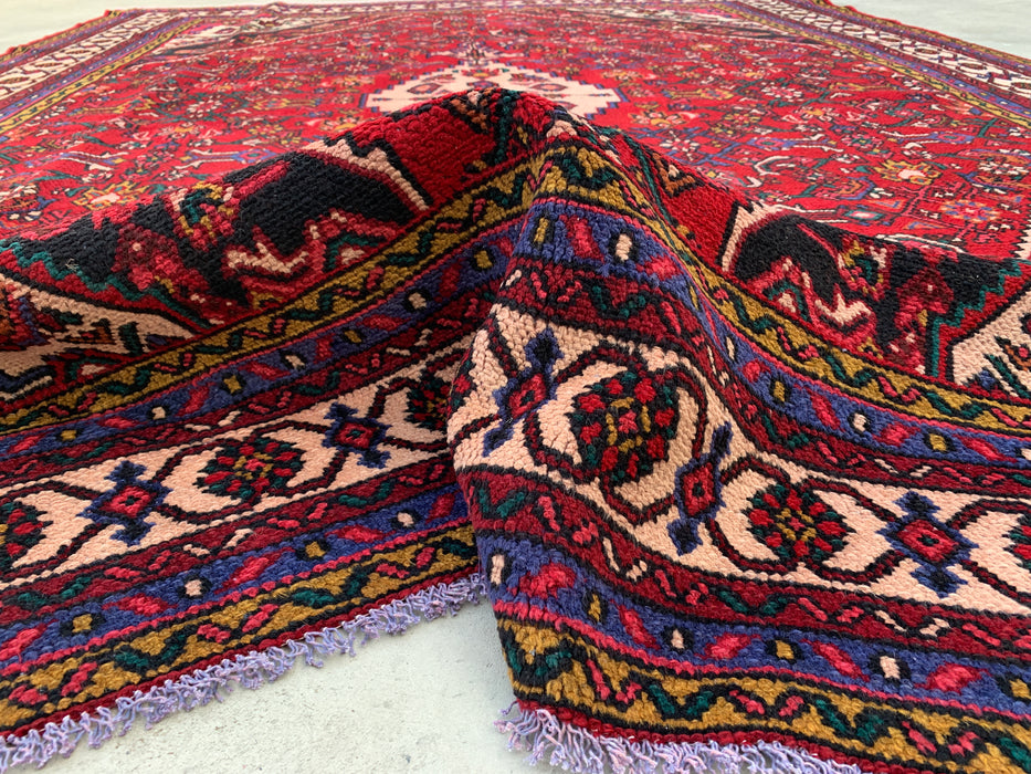 11'6" x 8'5" handgeknoopt Perzisch wollen vloerkleed – Rood, ivoor & marineblauw tribaal medaillonontwerp – KBHM-762
