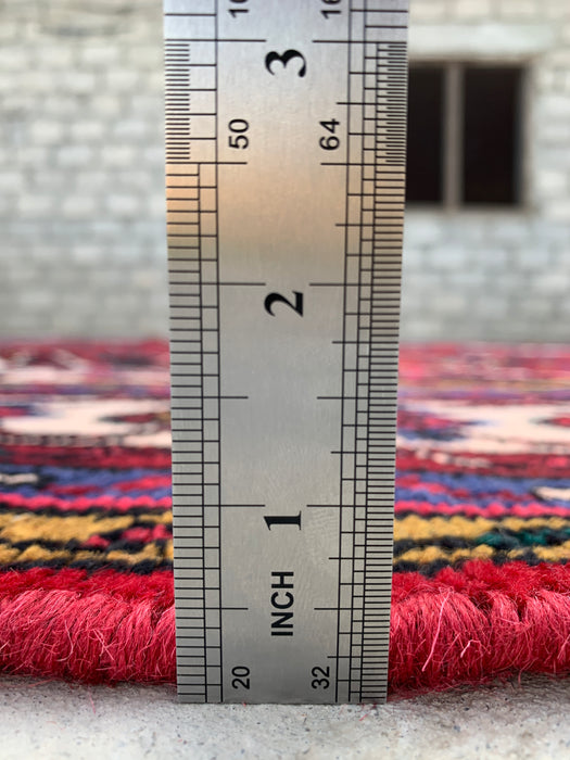 11'6" x 8'5" handgeknoopt Perzisch wollen vloerkleed – Rood, ivoor & marineblauw tribaal medaillonontwerp – KBHM-762