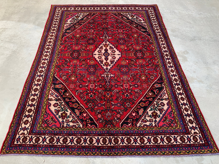 11'6" x 8'5" handgeknoopt Perzisch wollen vloerkleed – Rood, ivoor & marineblauw tribaal medaillonontwerp – KBHM-762
