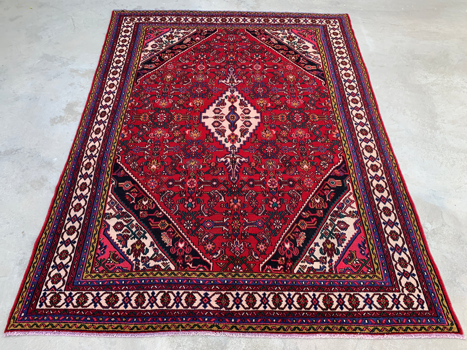 11'6" x 8'5" handgeknoopt Perzisch wollen vloerkleed – Rood, ivoor & marineblauw tribaal medaillonontwerp – KBHM-762
