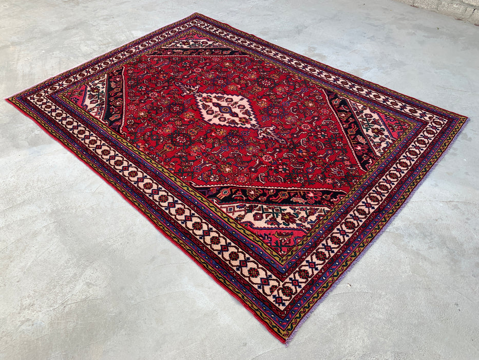 11'6" x 8'5" handgeknoopt Perzisch wollen vloerkleed – Rood, ivoor & marineblauw tribaal medaillonontwerp – KBHM-762