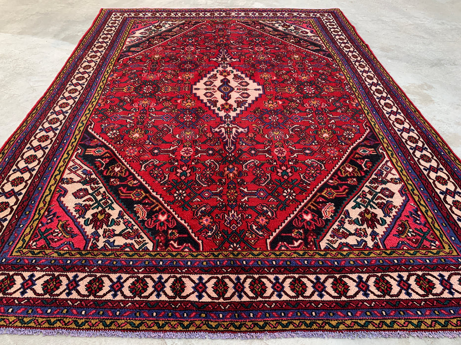 11'6" x 8'5" handgeknoopt Perzisch wollen vloerkleed – Rood, ivoor & marineblauw tribaal medaillonontwerp – KBHM-762