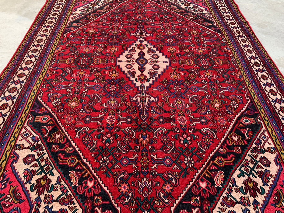 11'6" x 8'5" handgeknoopt Perzisch wollen vloerkleed – Rood, ivoor & marineblauw tribaal medaillonontwerp – KBHM-762