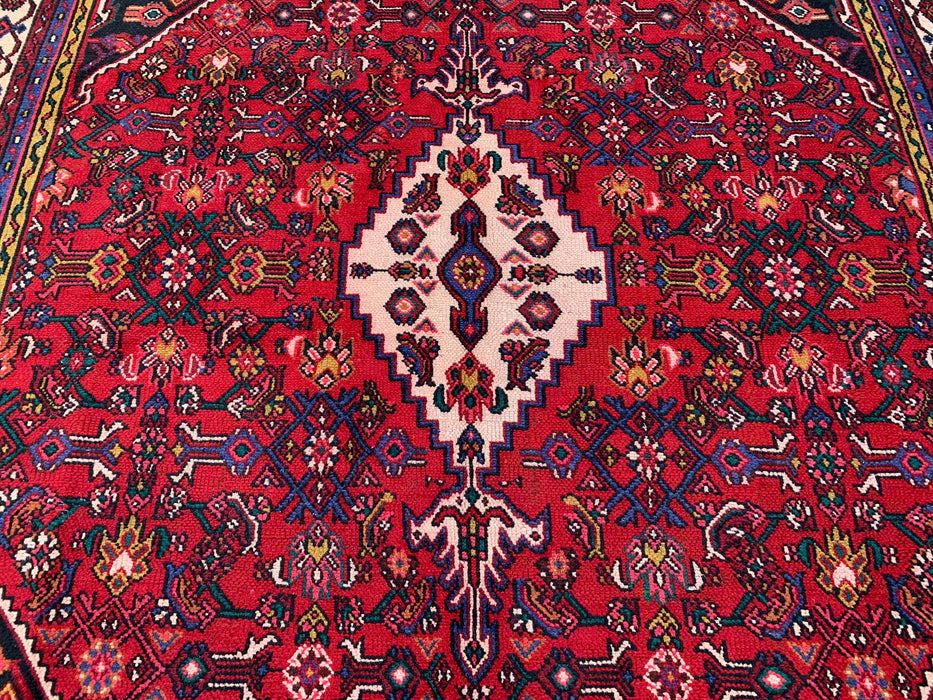 11'6" x 8'5" handgeknoopt Perzisch wollen vloerkleed – Rood, ivoor & marineblauw tribaal medaillonontwerp – KBHM-762