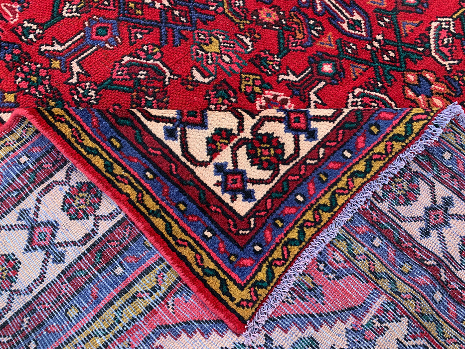 11'6" x 8'5" handgeknoopt Perzisch wollen vloerkleed – Rood, ivoor & marineblauw tribaal medaillonontwerp – KBHM-762