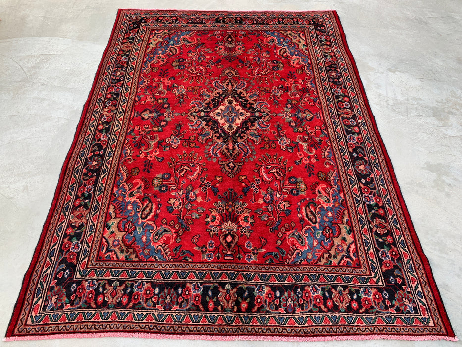 Handmade Persian Wool Area Rug 7x10 - Red, Navy & Ivory Floral Medallion Persian Style Rug - Exact Size 9'9" x 7'0" - KBHM-763