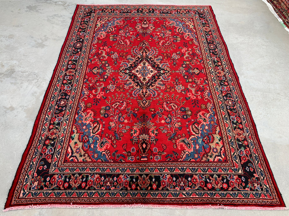 Handmade Persian Wool Area Rug 7x10 - Red, Navy & Ivory Floral Medallion Persian Style Rug - Exact Size 9'9" x 7'0" - KBHM-763