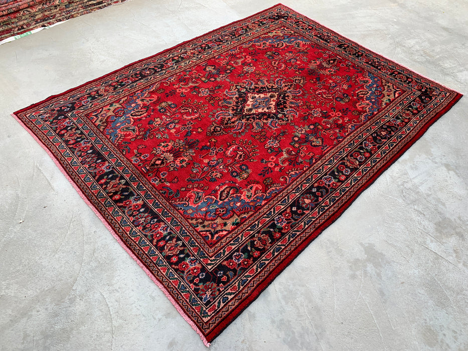 Handmade Persian Wool Area Rug 7x10 - Red, Navy & Ivory Floral Medallion Persian Style Rug - Exact Size 9'9" x 7'0" - KBHM-763