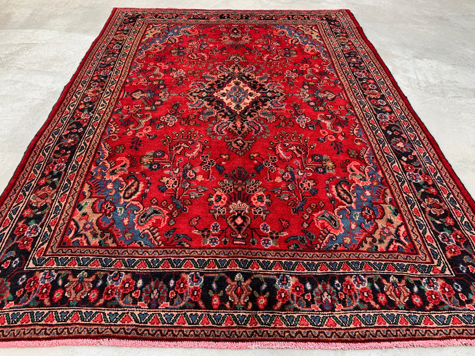 Handmade Persian Wool Area Rug 7x10 - Red, Navy & Ivory Floral Medallion Persian Style Rug - Exact Size 9'9" x 7'0" - KBHM-763