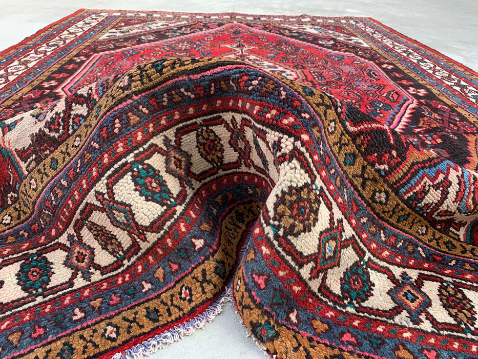 299 cm x 244 cm handgeknoopt Perzisch wollen tapijt – Rood, ivoor & marineblauw tribaal medaillonontwerp – KBHM-764